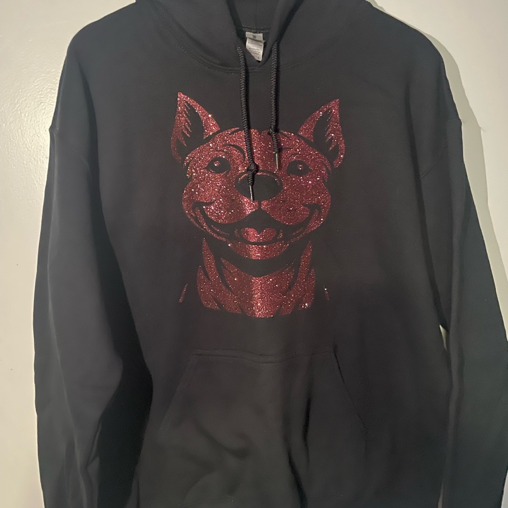 Gildan Black Hoodie with Red Glitter Dog Design